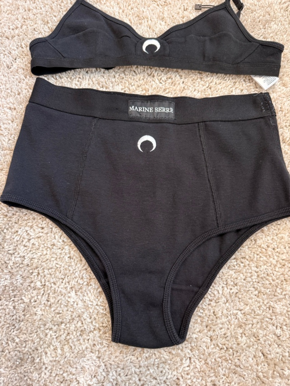 Marine Serre Black Crescent Moon Ribbed Bralette & High-Waist Brief Set View 4